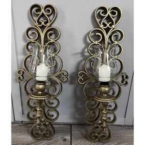 Burwood Wall Candle Glass Sconce Holder Gold Hollywood Regency Vtg Scroll 2 Set